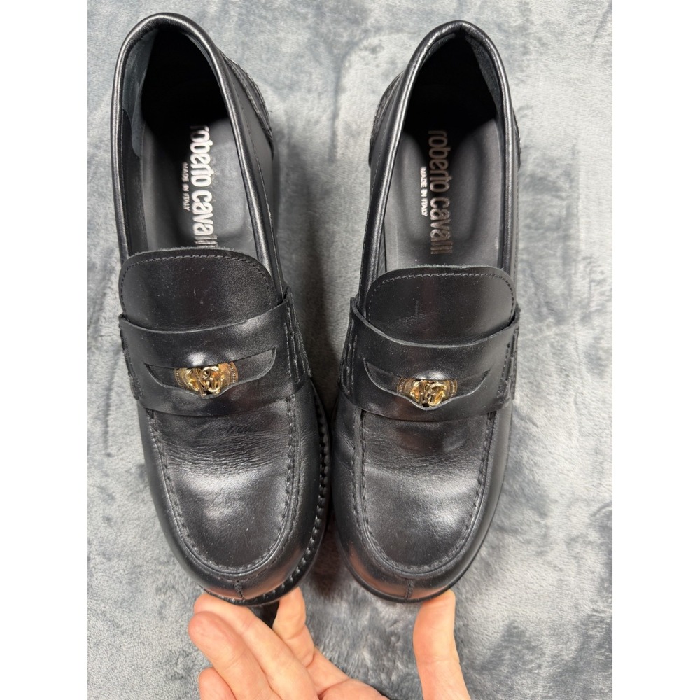 Roberto Cavalli Women 38.5 Black Leather Loafers Gold Logo Made in Italy